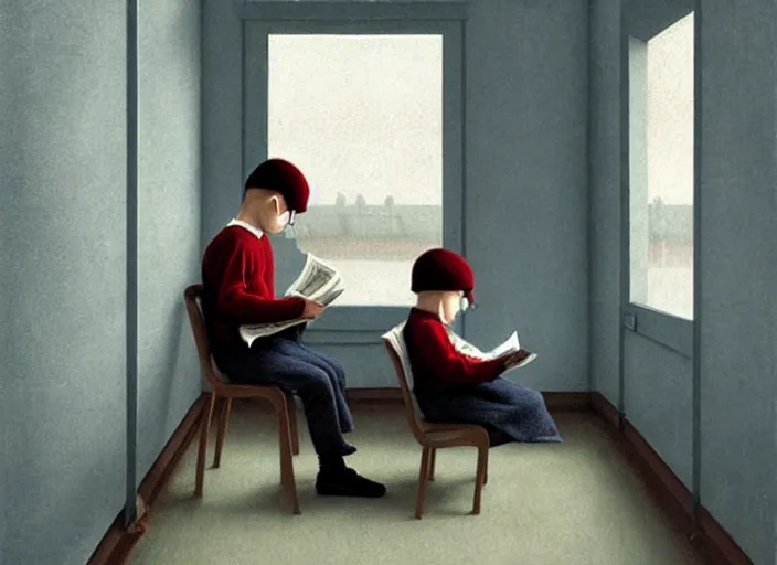 Image similar to a very boring day in school, kids wearing identical clothes reading newspapers, painting by quint buchholz and ray caesar, muted colors, gray, dull, boring, low energy, pale blue faces, very detailed