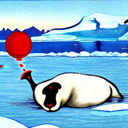 Image similar to cartoon drawing of a seal tossing a red ball with a white lamb in antarctica. the seal's head is sticking out above the water and the sheep is standing near the edge of ice