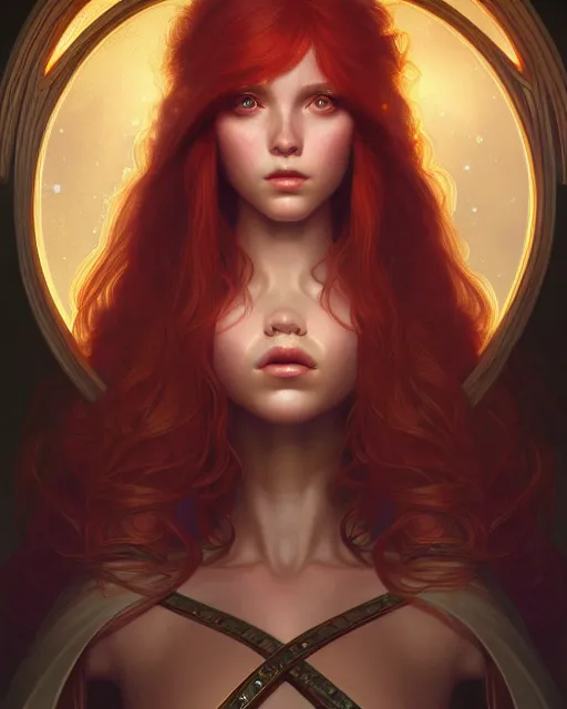 Image similar to symmetry portrait of redhead princess, glam, cleric, fireflies, crypt background, intricate, elegant, highly detailed, digital painting, artstation, concept art, smooth, sharp focus, illustration, art by artgerm and greg rutkowski and fra angelico and alphons mucha