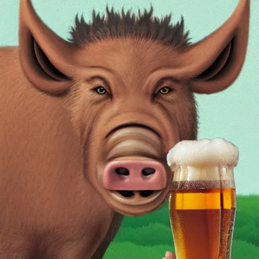 Image similar to an anthropomorphic boar drinking beer