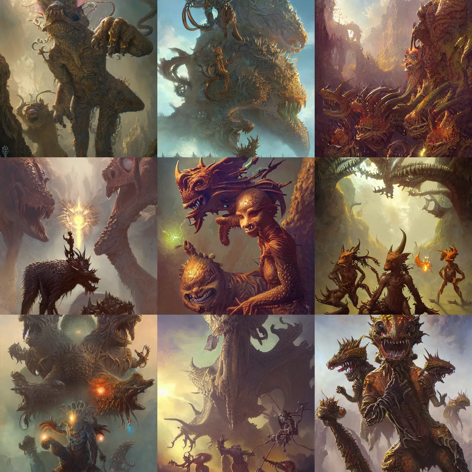 Prompt: a group of kobold slingers, hyper realistic, 8 k ultra realistic creature, detailed intricate, with fractal sunlight, award - winning, masterpiece, in the style of tom bagshaw, cedric peyravernay, peter mohrbacher