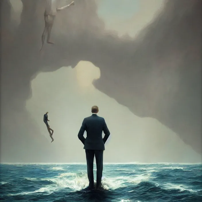 Prompt: a beautiful painting of a headless, armless man in a suit stands on the red sea by greg rutkowski and zdzisław beksinski and rene magritte, in style of digital art. hyper detailed, sharp focus, soft light. unreal engine 5. ray tracing. trending on artstation