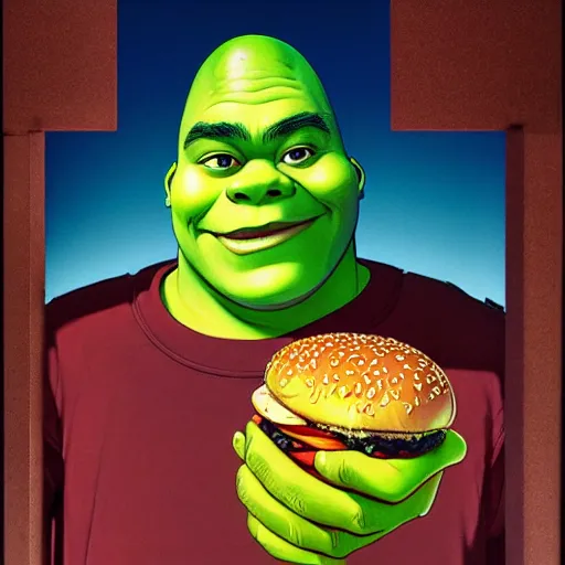 Prompt: prompt : shrek eating burger portrait soft light painted by james jean and katsuhiro otomo and erik jones, inspired by akira anime, smooth face feature, intricate oil painting, high detail illustration, sharp high detail, manga and anime 1 9 9 9