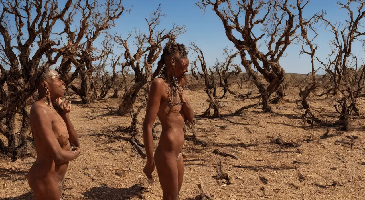 Image similar to full shot of a crying ancient dried up Oshun, peaceful, facing the camera and standing in front of a dried up river in a desolate land, dead trees, blue sky, hot and sunny, highly-detailed, elegant, dramatic lighting, artstation, 4k, cinematic landscape, photograph by Elisabeth Gadd