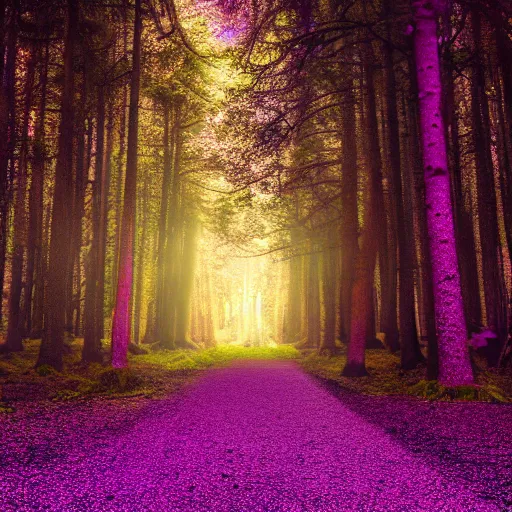 Image similar to purple portal, contains cosmos, inside the dark forest, glowing, vibe, unsettling atmosphere, cinematic, epic, high detail, 8 k, hdr, high resolution, sharp