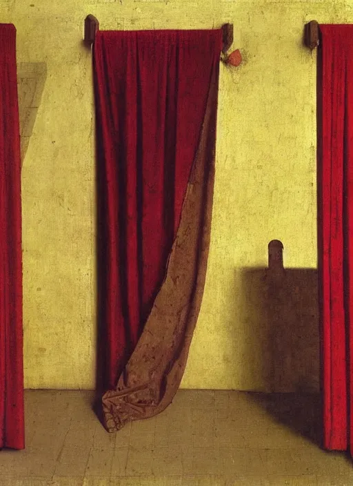 Image similar to red curtain, medieval painting by jan van eyck, johannes vermeer, florence