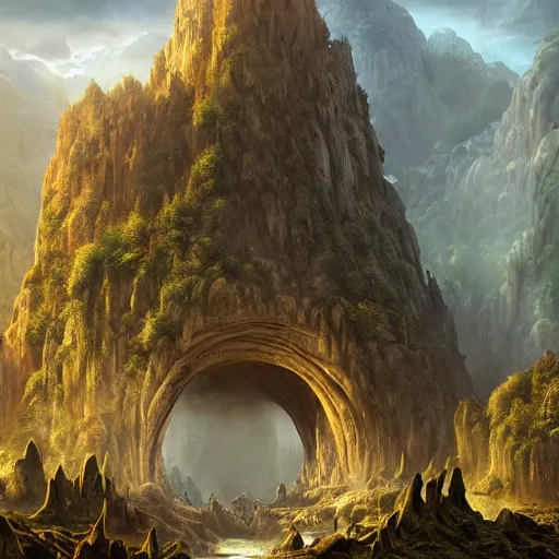 Image similar to a beautiful hyper realistic detailed matte painting of the entrance to a dungeon of the gods at the base of an ancient mountain, dramatic lighting, dynamic lighting, cinematic lighting, lit by morning light, by raphael lacoste and john howe and andreas rocha, unreal engine, featured on artstation, ultrawide angle, f 8, polarizer filter : 1 0