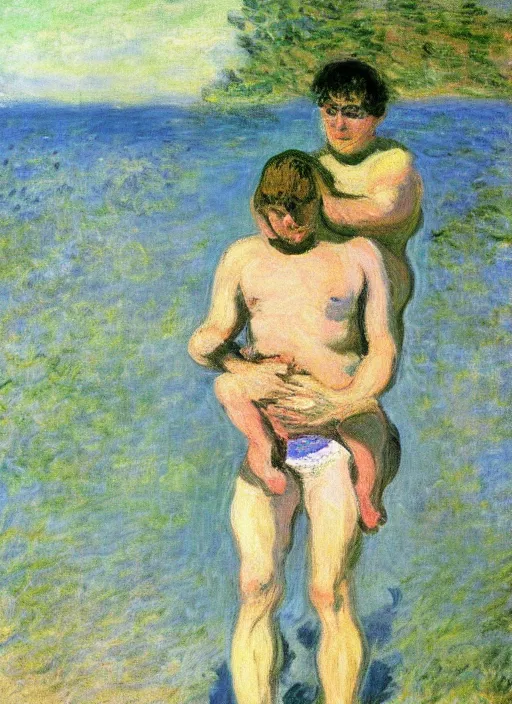 Image similar to a clothed man carrying his child over his shoulders walking near the beach, anatomically correct, painting by monet, masterpiece