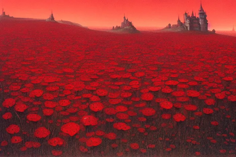 Image similar to only with red, red flowers of different types, red castle in background, red medieval goblins, in the style of beksinski, parts by edward hopper, parts by rodcenko, parts by yue minjun, intricate and epic composition, red by caravaggio, insanely quality, highly detailed, masterpiece, red light, artstation, 4 k