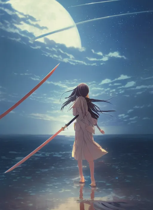 Image similar to anime girl with a katana walking on water, ripples, backdrop of dawn, saturn in the background, illustration, concept art, anime, key visual, trending pixiv fanbox by wlop and greg rutkowski and makoto shinkai and studio ghibli