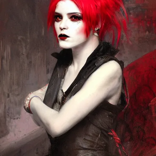 Image similar to Solomon Joseph Solomon and Richard Schmid and Jeremy Lipking victorian genre painting portrait painting of a young beautiful woman punk rock goth with punk rock haircut in fantasy costume, red background