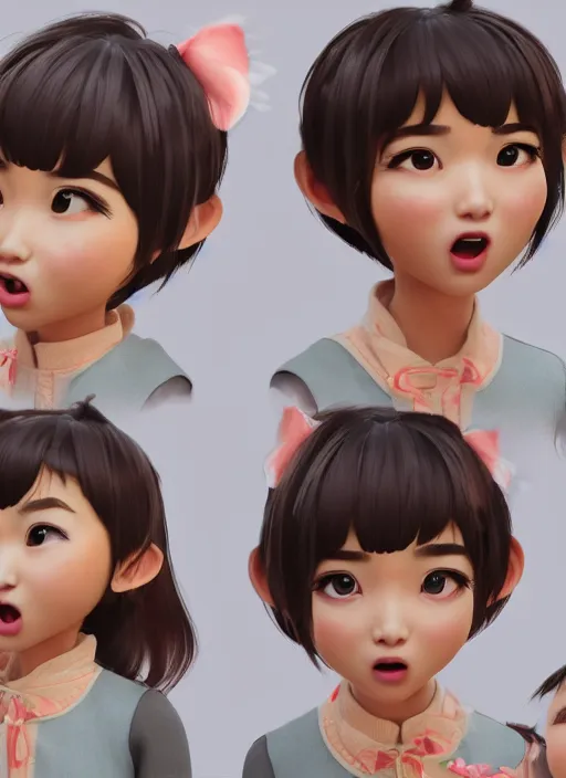 Image similar to a cute Asian girl singing, short stylish hair in the style of DreamWorks animation, mid-shot, low angle view, 16mm lens, award winning, hyper detailed, studio lighting, artstation, octane renderer, unreal engine