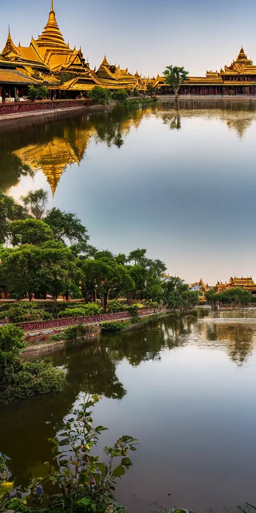 Image similar to beautiful!!!! environmental wide angle shot photograph of the mandalay palace and the moat surrounding it, Beautiful water reflections,, Ultra-wide Angle, DSLR, cinematic lighting!!!!, 4k, award-winning