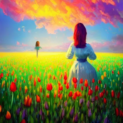 Image similar to girl with a giant tulip head, surreal photography, flower field, sunset dramatic light, impressionist painting, colorful clouds, blue sky, digital painting, artstation, simon stalenhag