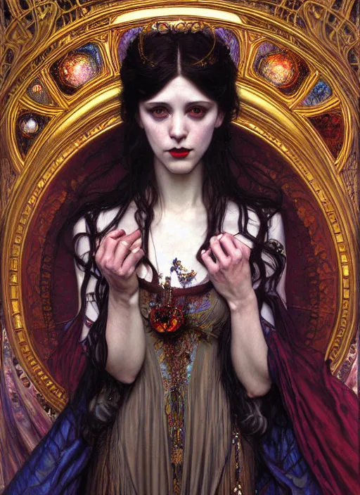 Image similar to hyper detailed masterpiece vampire girl duchess by donato giancola and tom bagshaw, face by artgerm and edmund leighton, and alphonse mucha, trending on artstation, colorful, psychedelic aesthetic, ornate, background by gustav klimt, 8 k, black gothic, majestic, volumetric lighting, porcelain skin, concept art, sharp focus