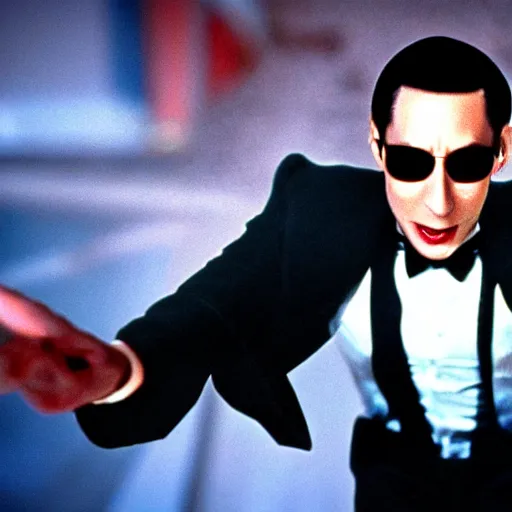 Prompt: pee wee herman as an agent from the matrix, movie still, action shot, 4 k, ultra realistic, highly detailed,