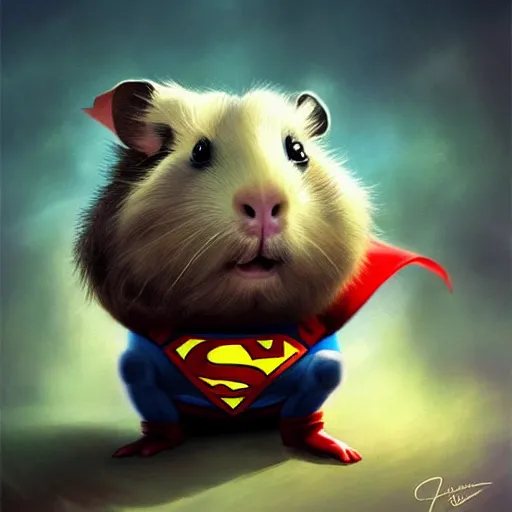 Image similar to cute little anthropomorphic Guinea Pig, dressed as Superman ultra wide lens shot , tiny, small, short, cute and adorable, pretty, beautiful, DnD character art portrait, matte fantasy painting, DeviantArt Artstation, by Jason Felix by Steve Argyle by Tyler Jacobson by Peter Mohrbacher, cinematic lighting