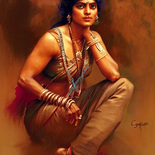 Image similar to a fit indian woman. highly detailed painting by gaston bussiere, craig mullins, j. c. leyendecker 8 k