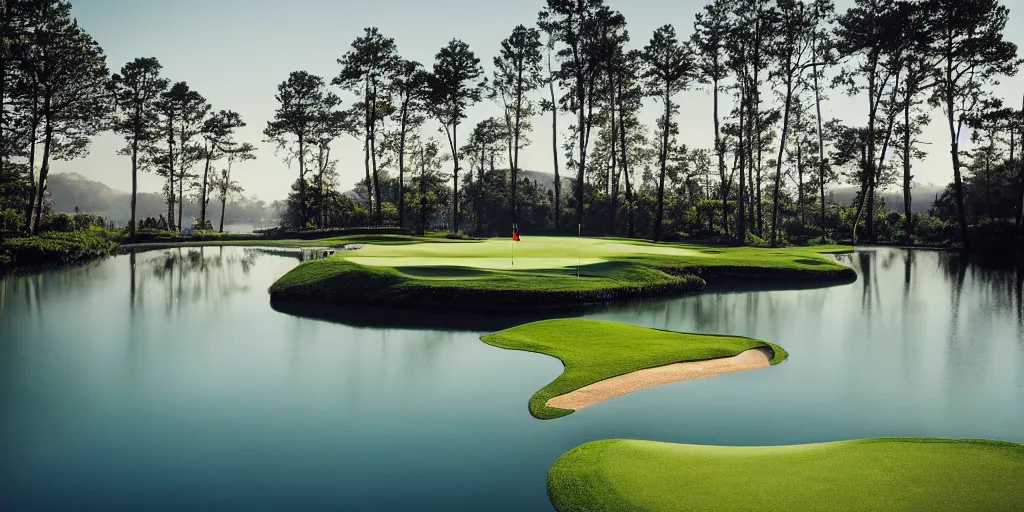 Image similar to a great photograph of the most amazing golf hole in the world completely surrounded by water, calm water, perfect light, ambient light, miniature, tilt shift, 5 0 mm, golf digest, top 1 0 0, fog