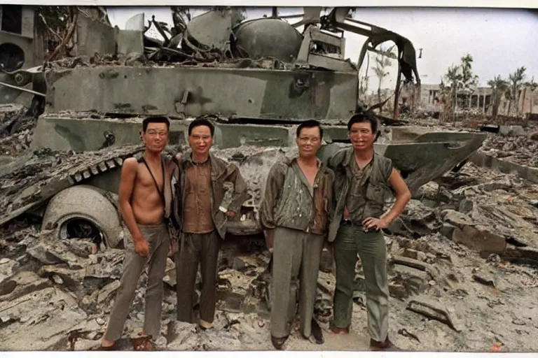 Prompt: a photo of a two mans posing in front of tank in destroyed vietnamese city, us journalism ministry photo, 1 9 6 9, color photo, fim still