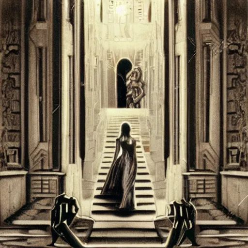 Image similar to detailed still of Ripley-Sigourney Weaver wearing a white singlet and cat Jonesy moving apartment New York City 1983, gothic building entrance way Art Deco, style of H.R. Giger, cinematic feel, high octane