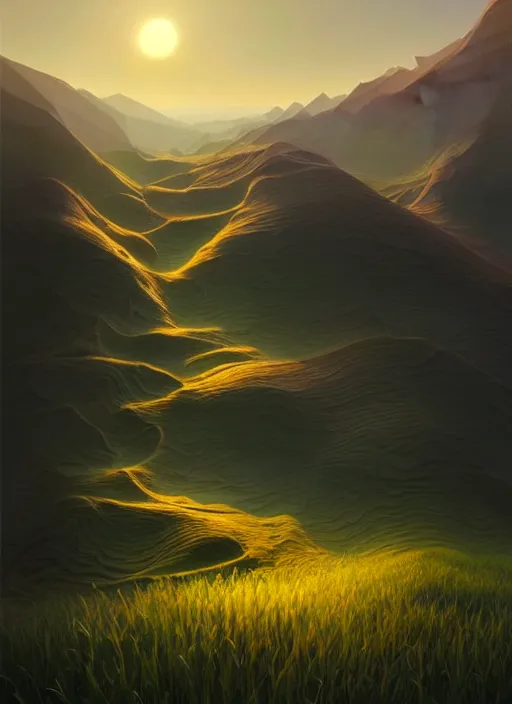 Prompt: spring mornings in the low - poly hills, diffuse lighting, intricate, surrealism!!!!!!!!, highly detailed, lifelike, photorealistic, digital painting, artstation, illustration, surreal concept art, smooth, sharp focus, by greg rutkowski, chris tulloch mccabe, valentina remenar and asher duran,