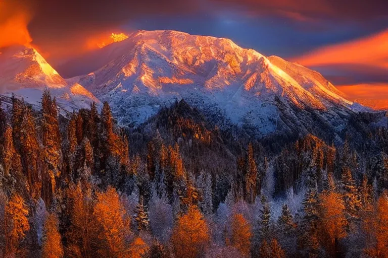 Prompt: amazing landscape photo of explosion in snowy mountains at sunset by marc adamus beautiful dramatic lighting