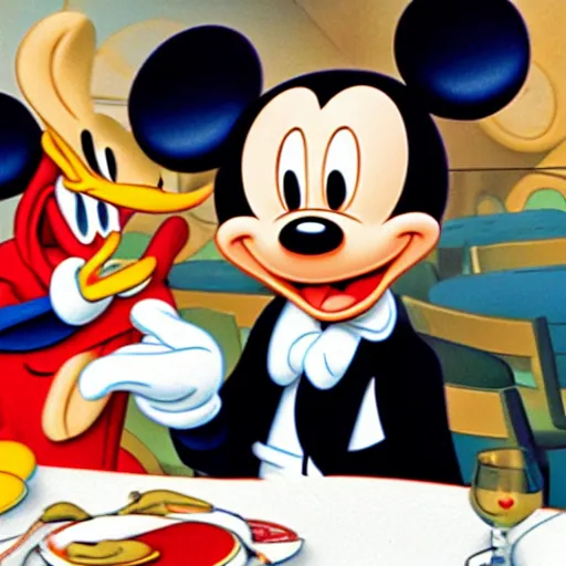 Image similar to Mickey Mouse invites Donald Duck and Goofy to dine in a very fancy restaurant.