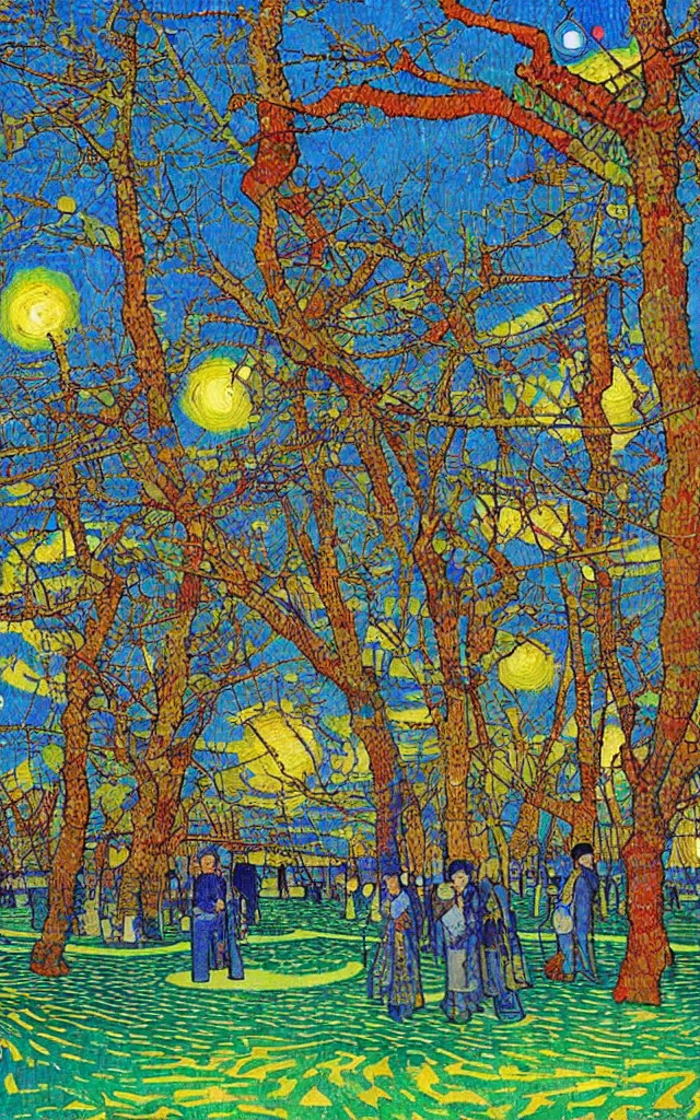Image similar to park in fukuoka. cubes and prisms. retro art by jean giraud and van gogh.