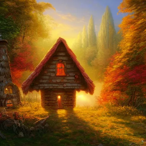 Prompt: giant chicken with a house on its head in a forest during the golden hour in autumn, highly detailed 4K fantasy matte painting by Thomas Kinkade, ArtStation, CGSociety, Unreal Engine