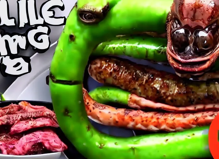 Image similar to Alien mukbang on YouTube. Alien vegetables, roasted. Exotic meat, grilled. Trending on YouTube. HD
