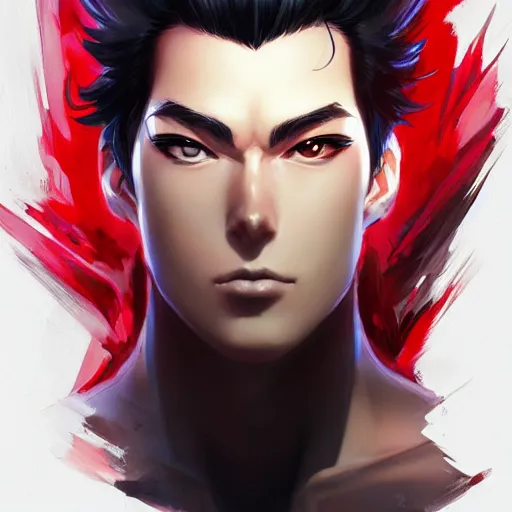 Image similar to anime portrait of a slick black hair guy with red eyes by stanley artgerm lau, wlop, rossdraws, james jean, andrei riabovitchev, marc simonetti, and sakimichan, trending on artstation