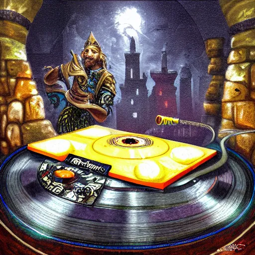 Image similar to fantasy painting of a dj set with turntable in a fantasy dungeon in the style of dnd,