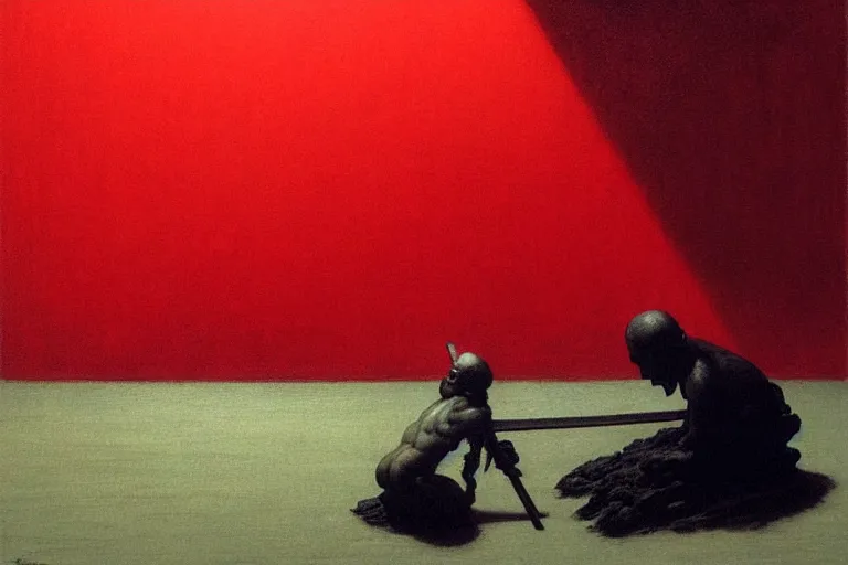 Image similar to only with red, a red samurai do seppuku, tokio, a lot of frogs watch, in the style of beksinski, parts by edward hopper, parts by rodcenko, parts by yue minjun, intricate and epic composition, red by caravaggio, insanely quality, highly detailed, masterpiece, red light, artstation, 4 k