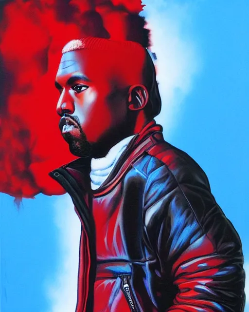 Image similar to kanye west in red puffer jacket, airbrush, drew struzan illustration art, key art, movie poster