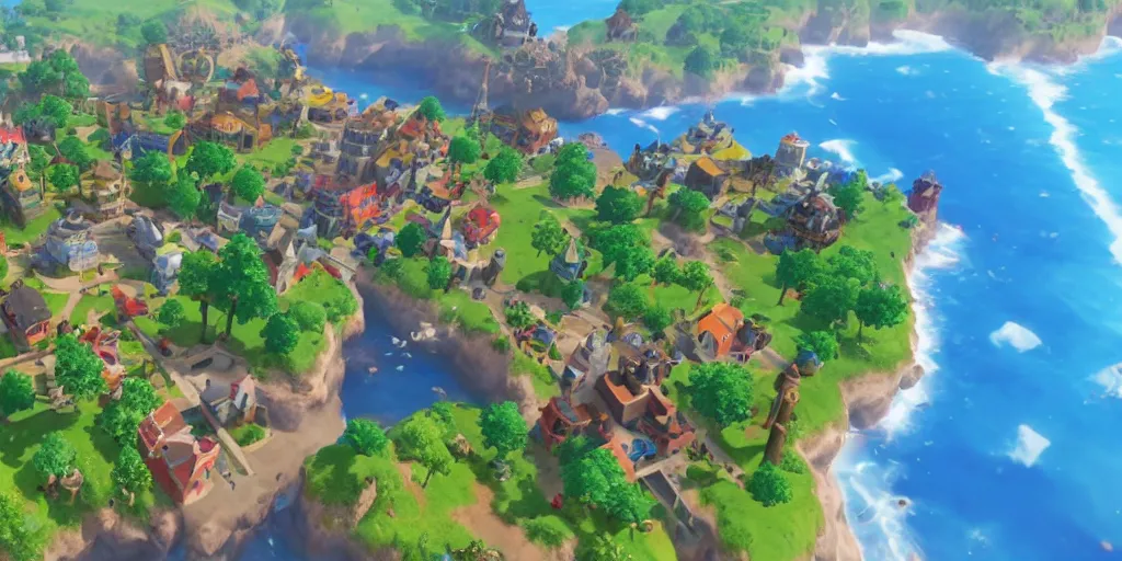 Image similar to small coastal town in a video game similar to pokemon sword and shield. varied height level terrain, various points of interest, overview