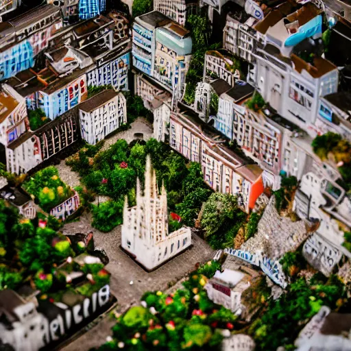 Prompt: macro photo of a miniature secret hidden world with tiny buildings and people