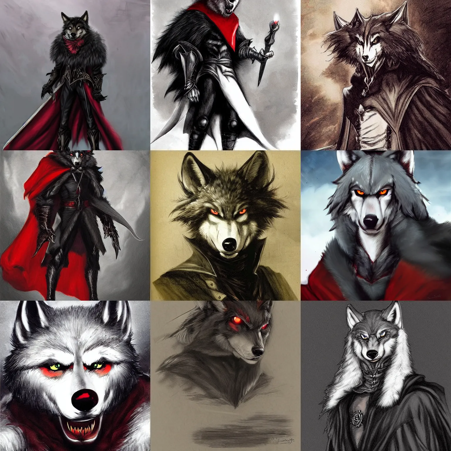 Prompt: a portrait of an anthropomorphic wolf, furry fursona, black cape, long fangs, castlevania symphony of the night, correct wolf muzzle, full body, large red eyes!!!, sir samuel luke fildes