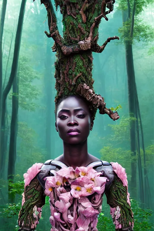 Prompt: hyperrealistic post - renaissance cinematic super expressive! yoruba goddess with exoskeleton armor, merging with tree in a forest, pink flowers, highly detailed digital art masterpiece, smooth cam de leon eric zener dramatic pearlescent soft teal light, ground angle hd 8 k, sharp focus