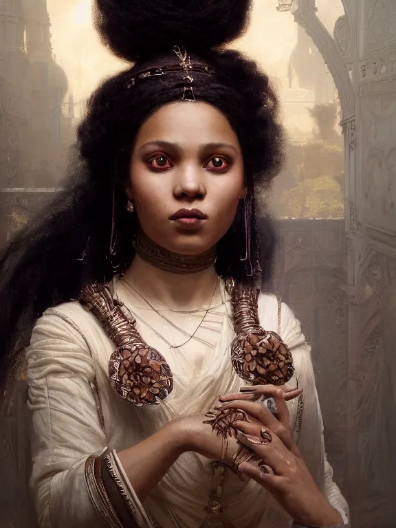 Image similar to beautiful portrait of a minority female wearing fantastic costume,pigtail,intricate, elegant, highly detailed, dim volumetric lighting, 8k,octane,post-processing,digital painting, trending on artstation, concept art, smooth, sharp focus, illustration,by Tom Bagshaw and Daniel Gerhartz and Albert Aublet and Lawrence Alma-Tadema and alphonse mucha