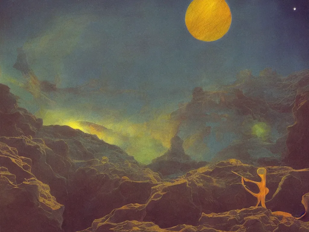 Prompt: phosphorescent, iridescent, psychedelic, marbled sphere floating in row to infinity above the hell pit mines. painting by caspar david friedrich, agnes pelton, max ernst, bosch.