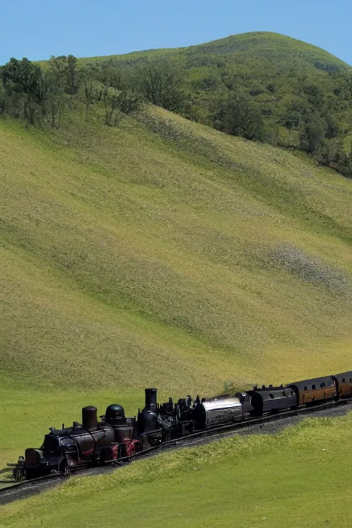 Prompt: Steam locomotive on the hill