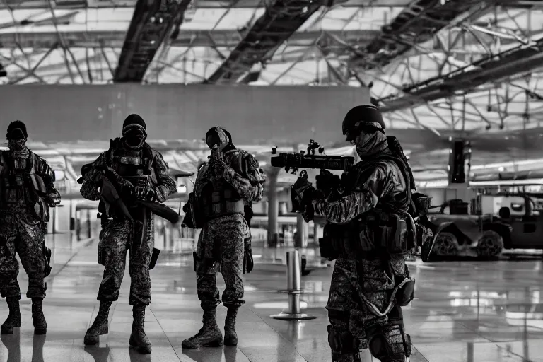 Image similar to Mercenary Special Forces soldiers in grey uniforms with black armored vest and black helmets fighting inside an airport in 2022, Canon EOS R3, f/1.4, ISO 200, 1/160s, 8K, RAW, unedited, symmetrical balance, in-frame, combat photography