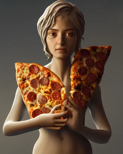 Prompt: Beautiful art portrait of statue of a female made of pizza, atmospheric lighting, intricate detail, cgsociety, hyperrealistic, octane render, RPG portrait, ambient light, dynamic lighting,