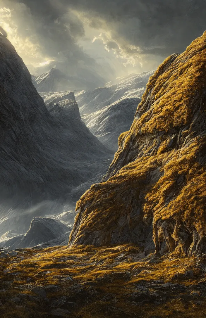 Image similar to a highly detailed glowing portal within an norway landscape, detailed, high mountains, hyperreal phantastic, uplight, intricate details in environment, luminance, golden ratio, high aestehtic, cinematic light dramatic light, godrays, distance, hyperreal, photobash, wideangle, terrence malick, hyperreal 4 k