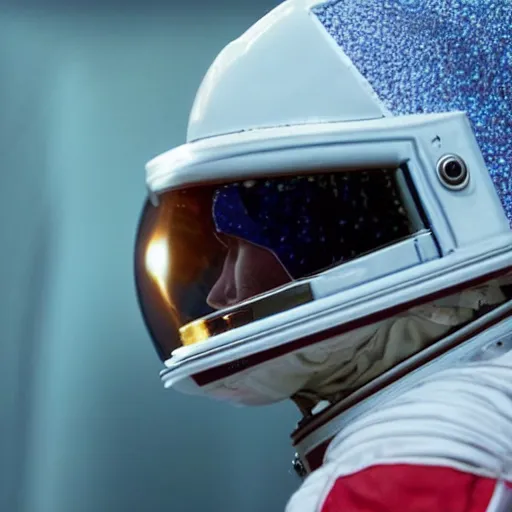 Prompt: a close up photo of an astronaut floating in space. his helmet visor is dark and reflective. you can see the reflection of the viewer in his helmet visor.