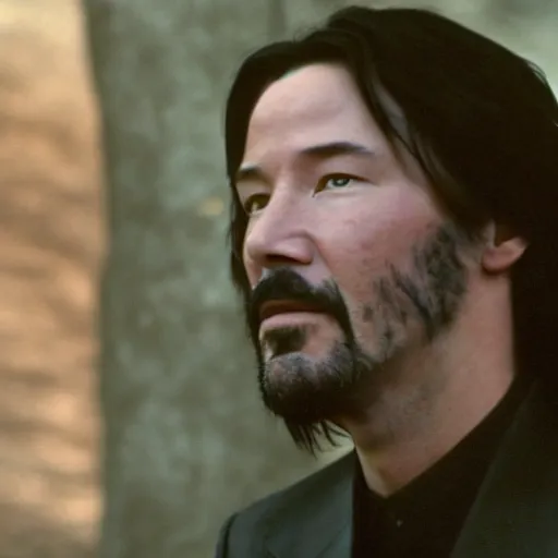 Image similar to cinematic film still of Keanu Reeves starring in a Steven Spielberg film as A Japanese Samurai at a temple, 1999, shallow depth of field, photograph, natural lighting