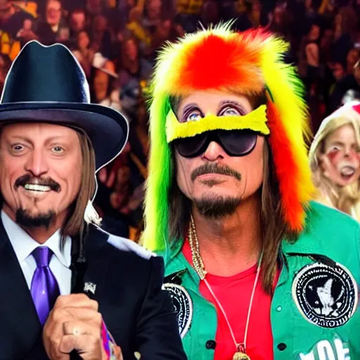 Prompt: Kid Rock wearing an eagle costume supplexing President Biden dressed like the Ultimate Warrior