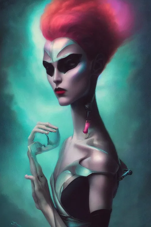 Image similar to a dramatic lighting photo of an elegant alien king, vaporwave colors, goth vibe, kawaii vibe, moody aesthetic, artgerm, tom bagshaw, gerald brom,