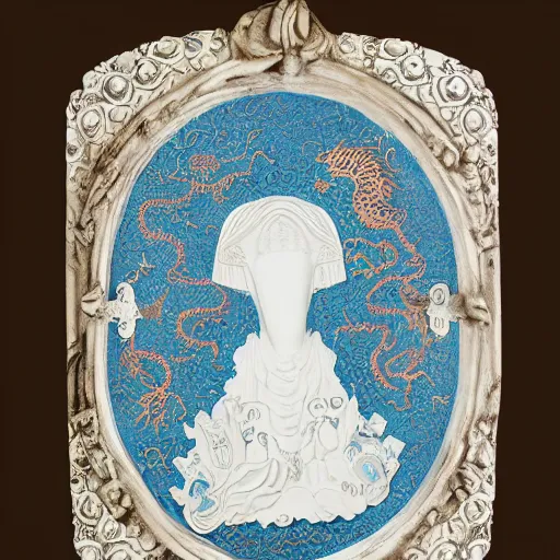 Image similar to Ancient warrior holding Clear white textured shield with artistically executed decorations of peonies, foliated scrolls, dragons and medallions in white reserve on an opaque mazarine blue ground. Capped with metal